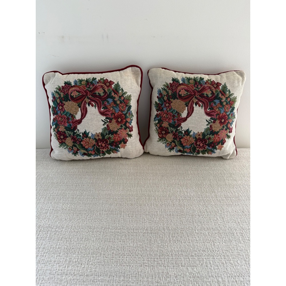 2 Floral Wreath Tapestry Throw Pillows Country 12x12 Decorative Bow Flower Decor
